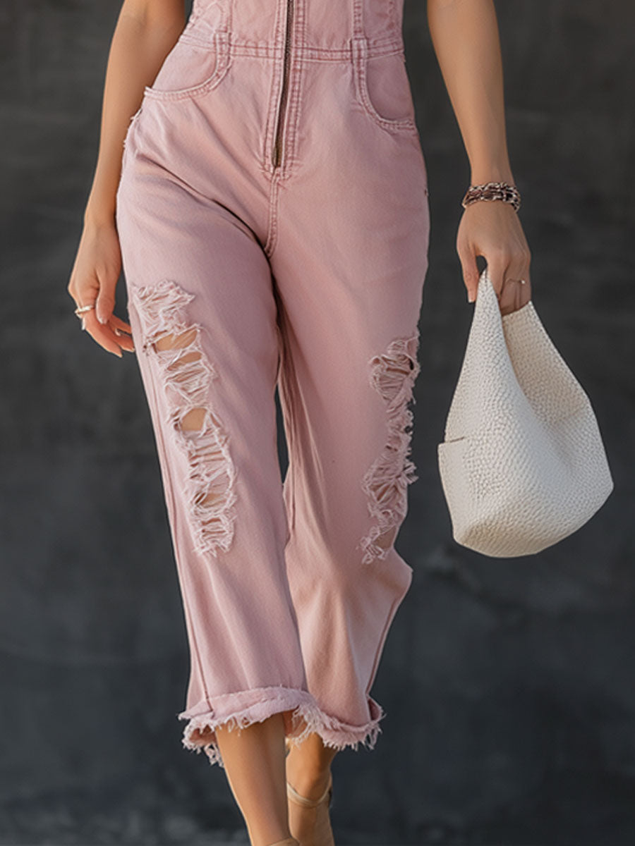 Fashionable Retro Pink Denim Sleeveless Zippered Ripped Jumpsuit