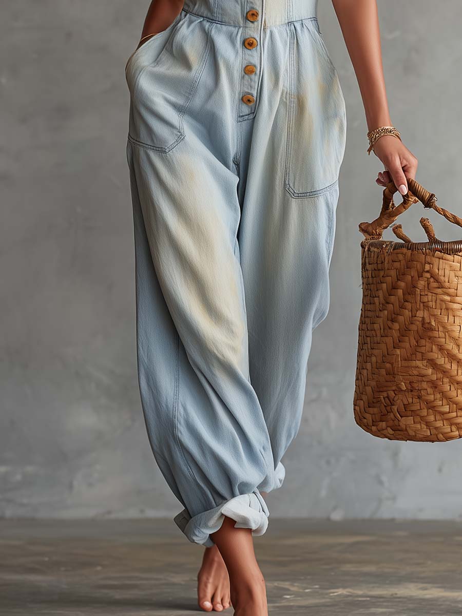 Retro Casual Square-neck Button-front Light Blue Washed Denim Jumpsuit