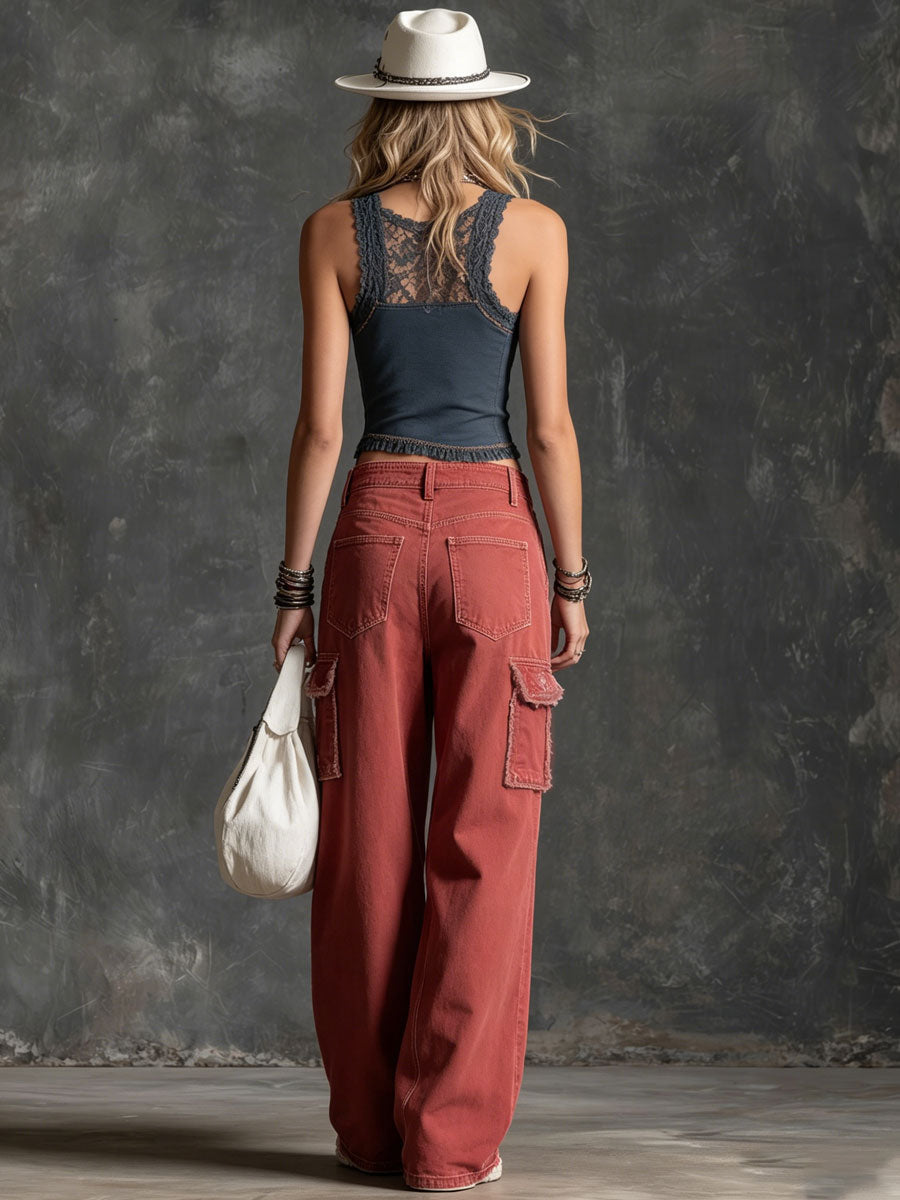 Casual Retro Red Frayed Multi-pocket Jeans