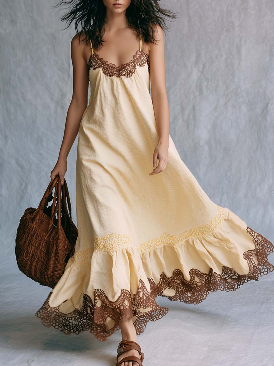 Bohemian Vacation Spaghetti Straps Lace Trim Cream-yellow Maxi Dress