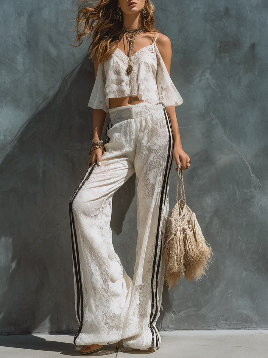 Retro-chic Striped Trim White Off-shoulder Lace T-shirt And Wide-leg Trousers Set