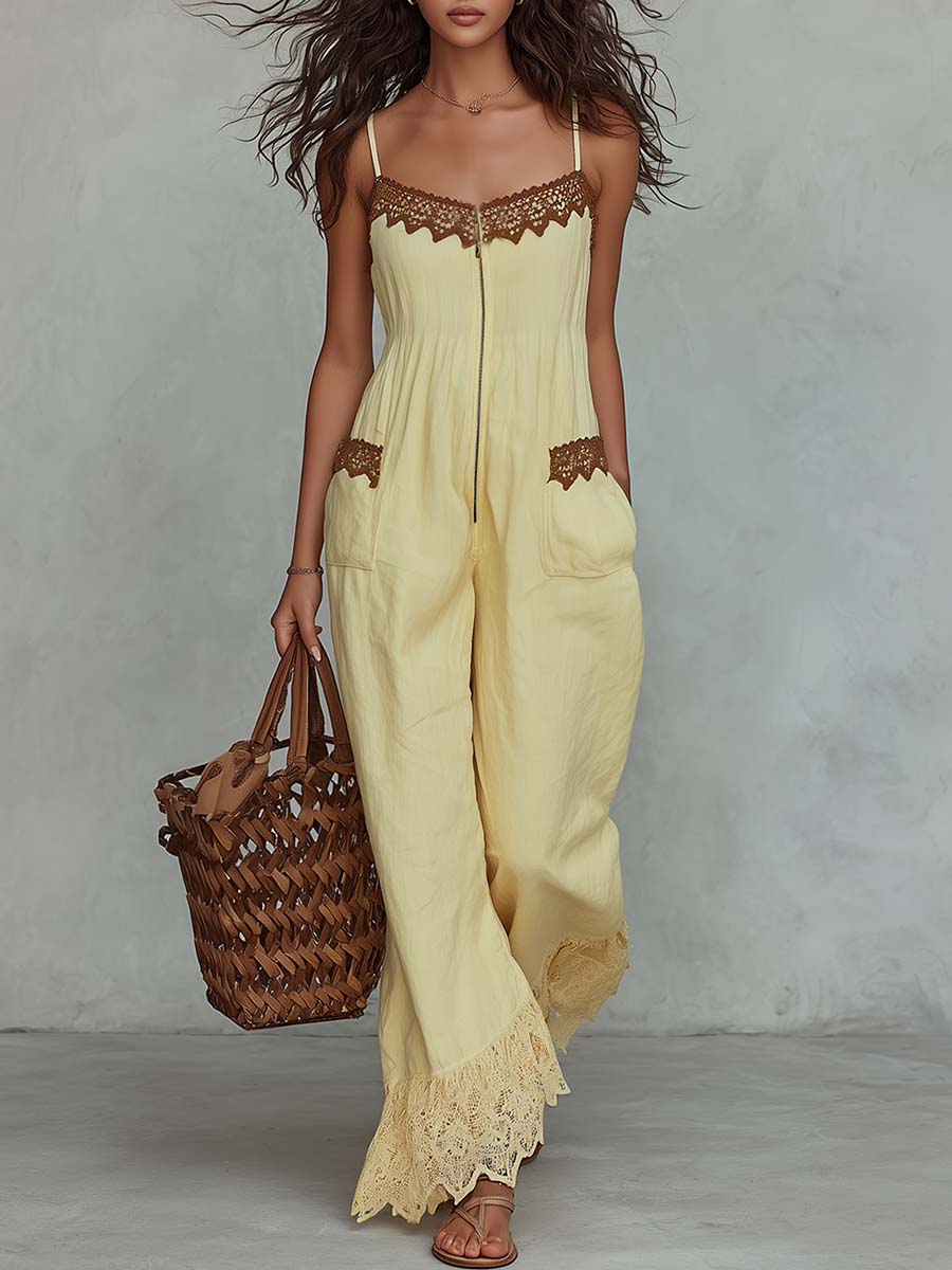 Women's Lace Trim Cotton Linen Wide Leg Jumpsuit With Front Zipper