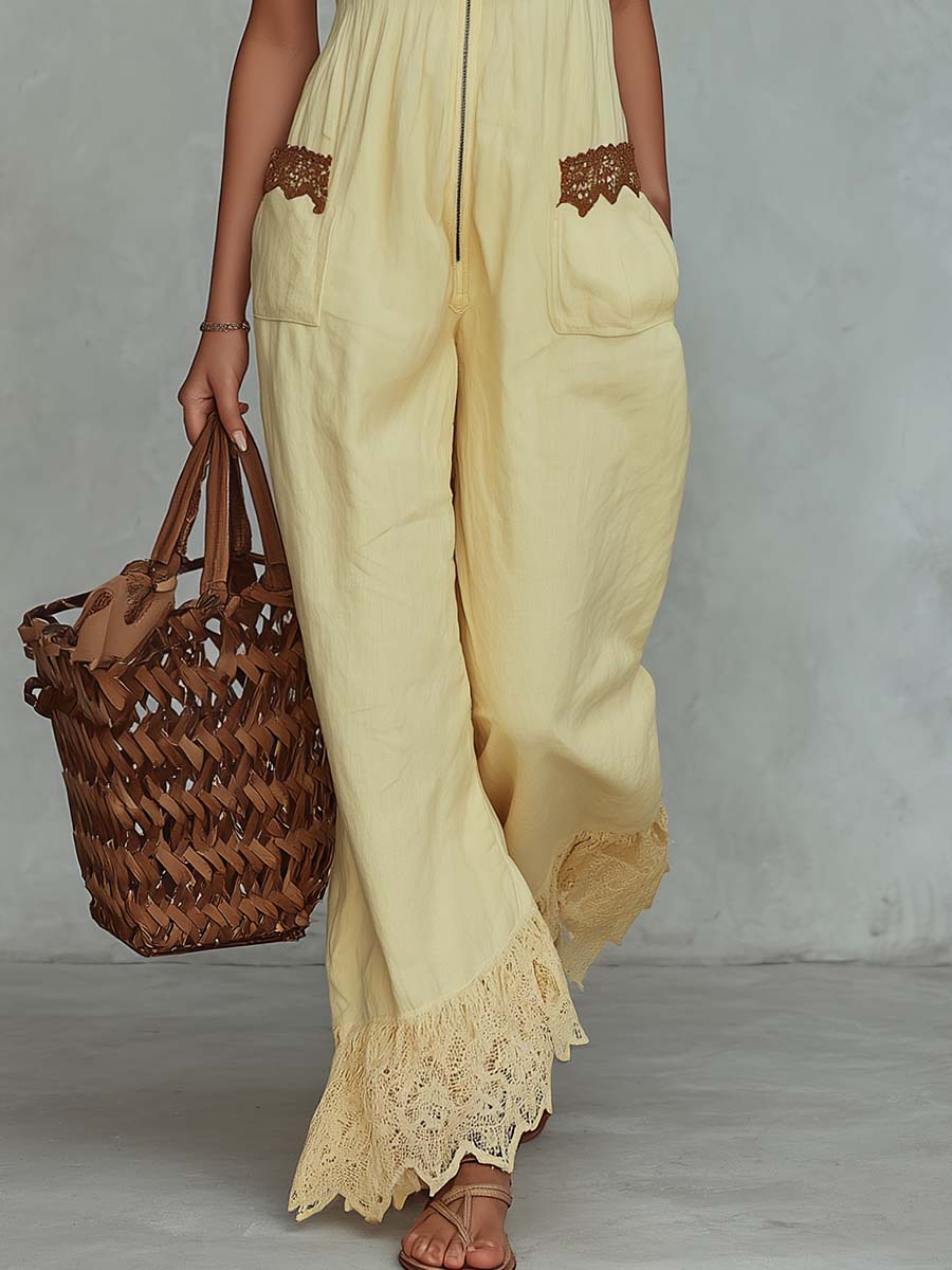 Women's Lace Trim Cotton Linen Wide Leg Jumpsuit With Front Zipper