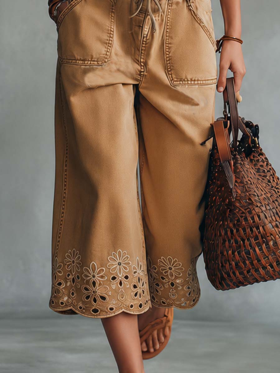 Retro Bohemian Cropped Camel Denim Pants