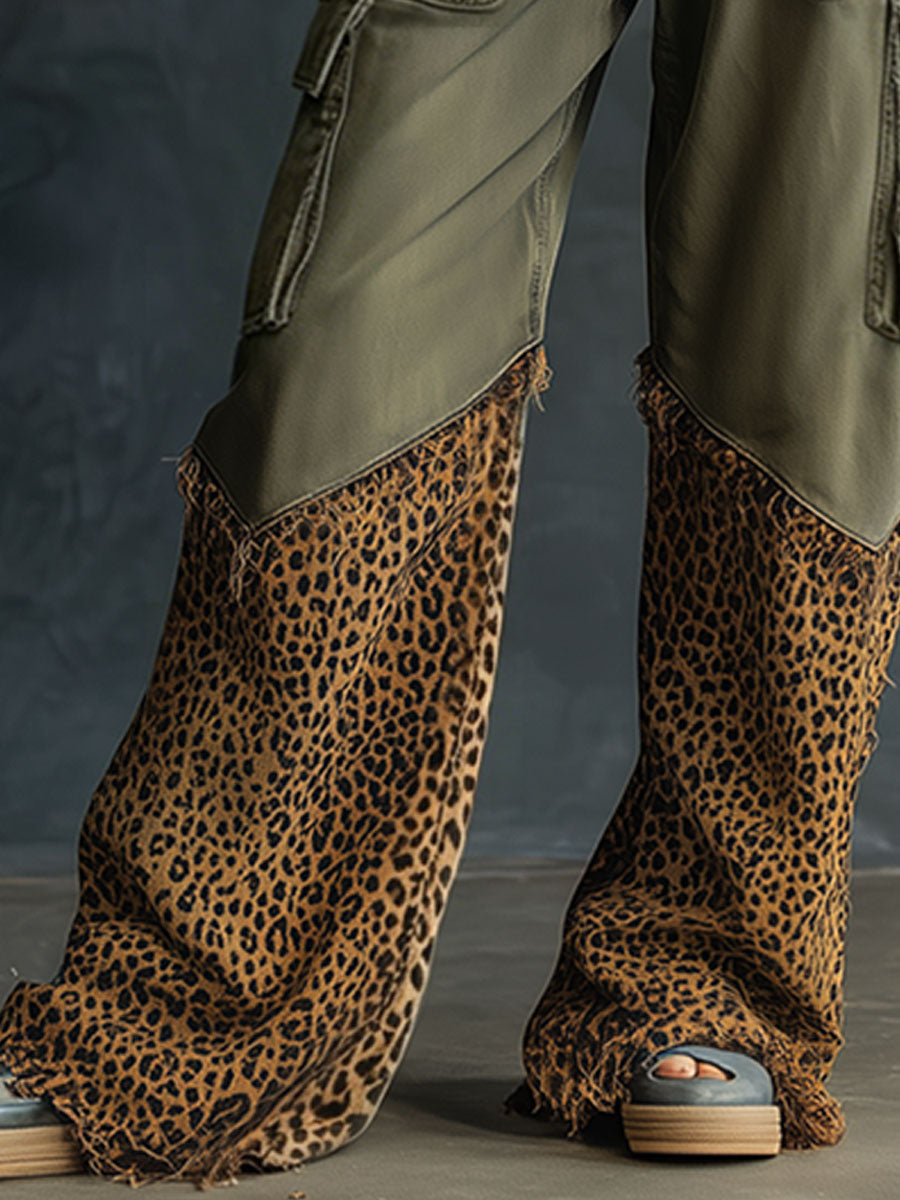 Casual Retro Leopard Print Frayed Army Green Work Jeans