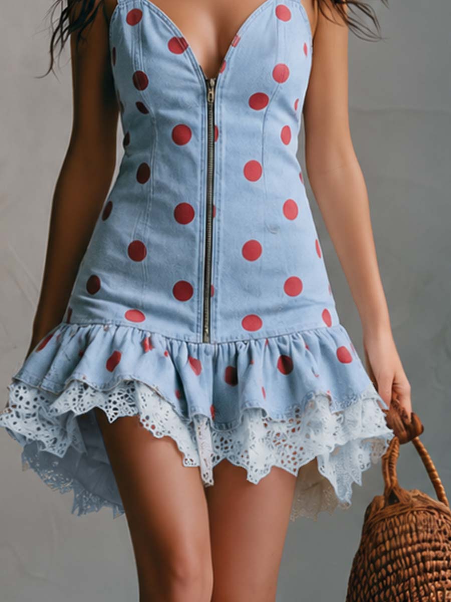 Vintage Fashion V-neck Front Zipper Lace Ruffled Hem Light Blue Denim Mini Dress