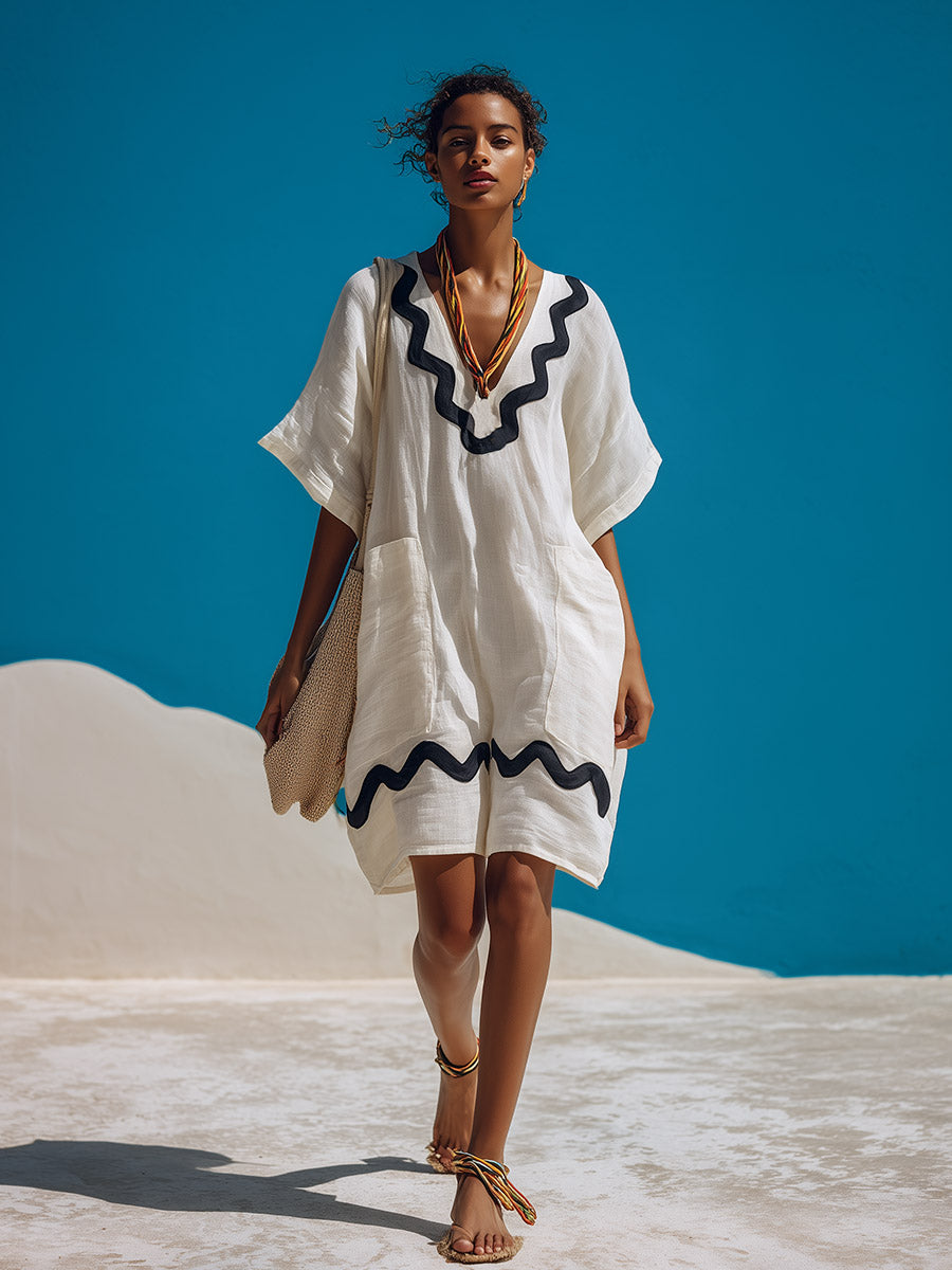 Vintage-style Elegant Scalloped-edge White Cotton-linen Short-sleeve Mini Dress