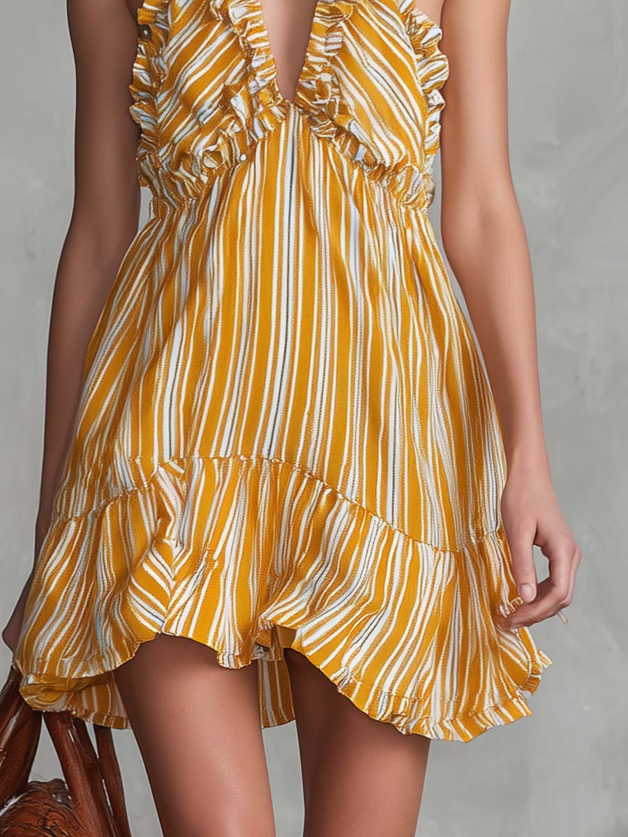 Vintage Vacation Halter-neck V-neck Ruffled Light Yellow Striped Chiffon Mini Dress