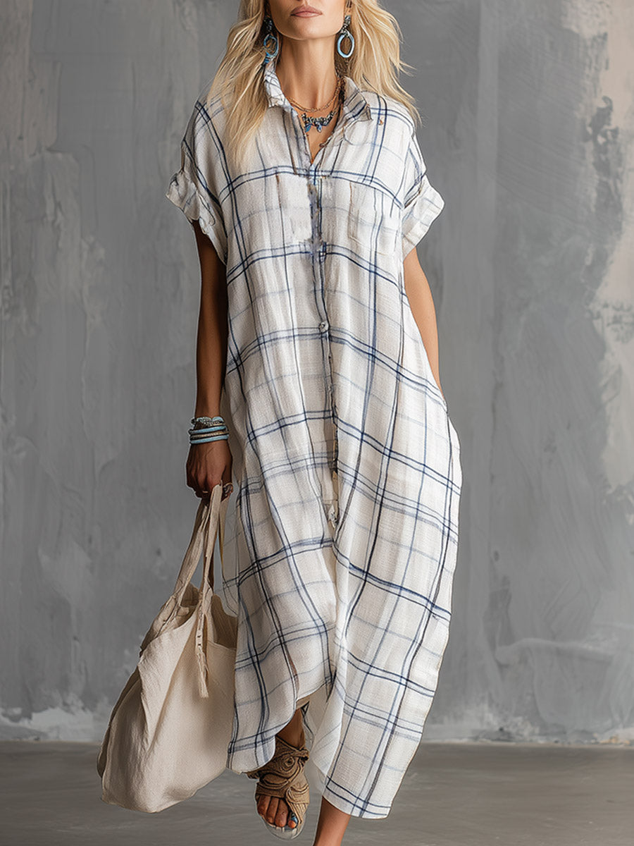 Elegant And Casual White Plaid-print Cotton-linen Short-sleeve Maxi Dress