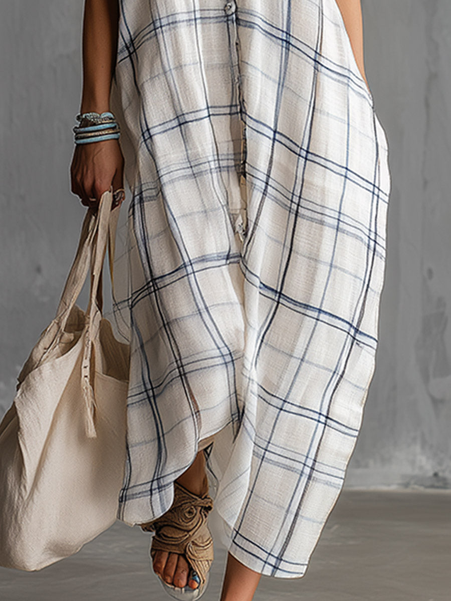Elegant And Casual White Plaid-print Cotton-linen Short-sleeve Maxi Dress