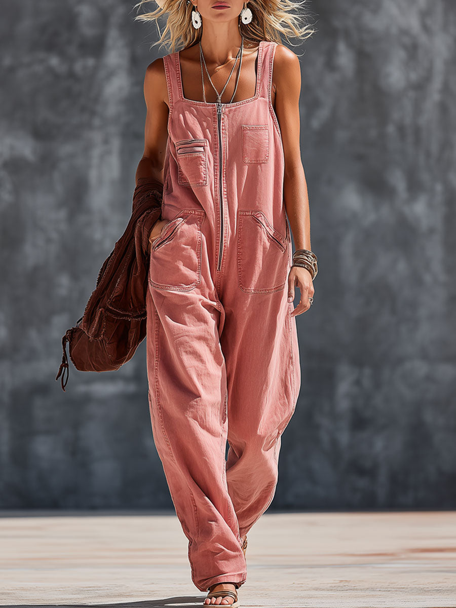 Western-style Retro Pink Denim Sleeveless Zip-up Jumpsuit