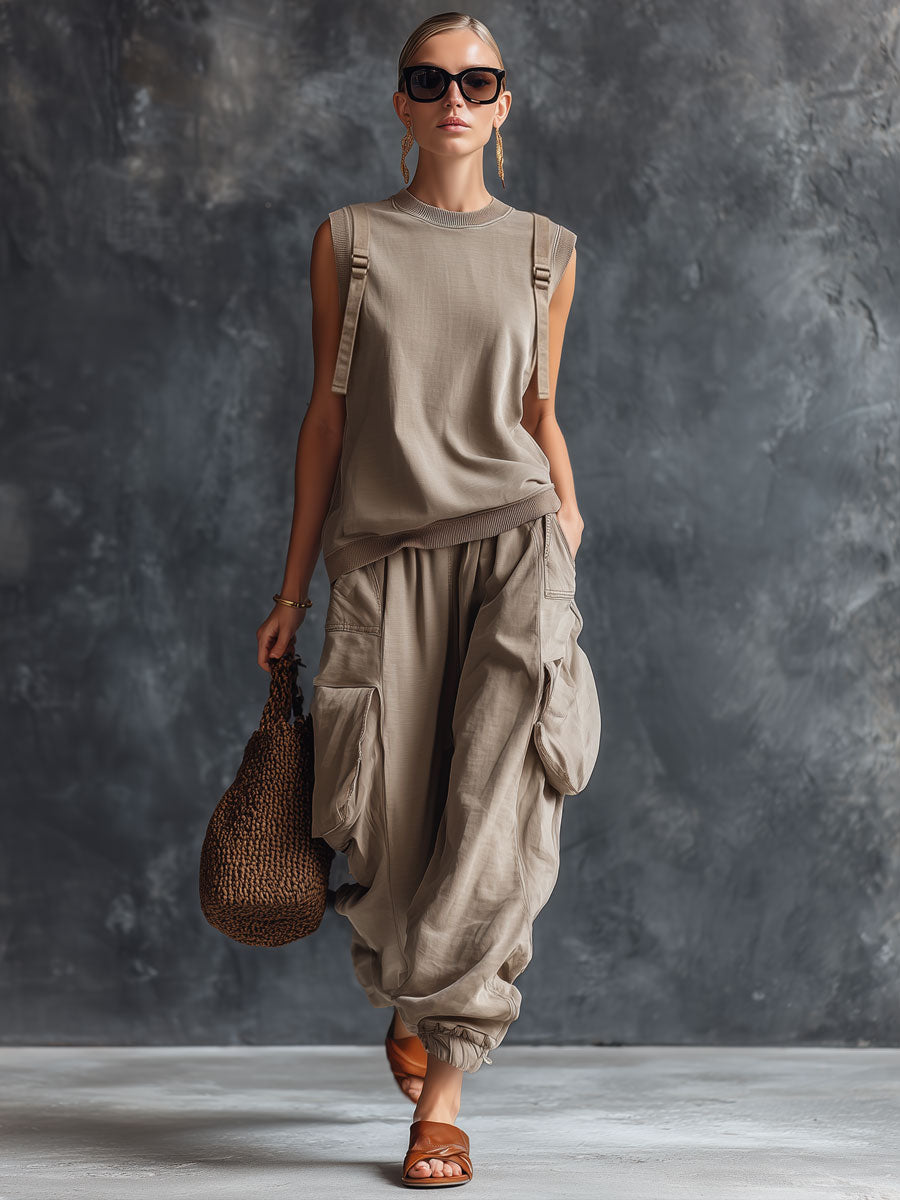 Retro Gray Cotton Sleeveless Sweatshirt And Cargo Pants Set