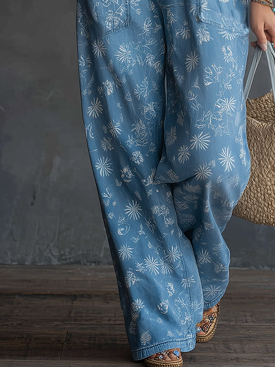 Vintage-inspired Romantic Blue Denim Floral Print Square-neck Jumpsuit