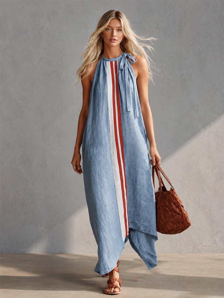 Casual Fashion Round Neck With Ties Contrast Light Blue Cotton-linen Maxi Dress