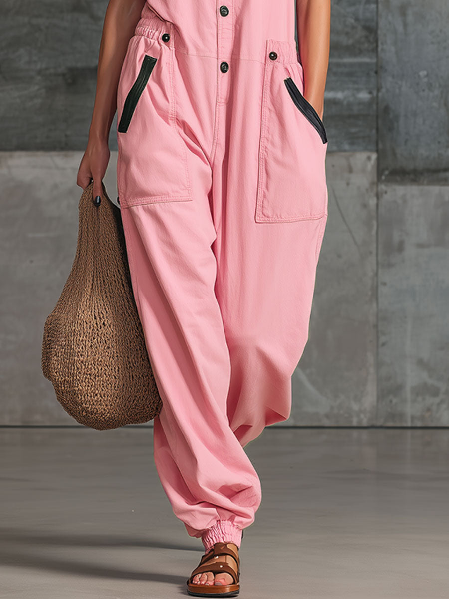 Sporty Retro Embroidered Pink Cotton Sleeveless Jumpsuit
