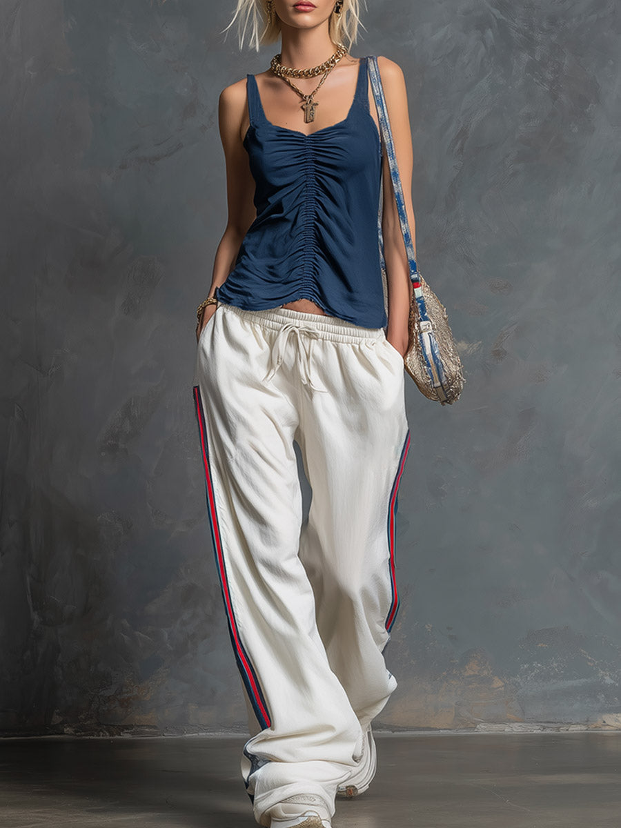Casual-sporty Navy Blue Pleated Sleeveless Top And White Wide-leg Trousers Set