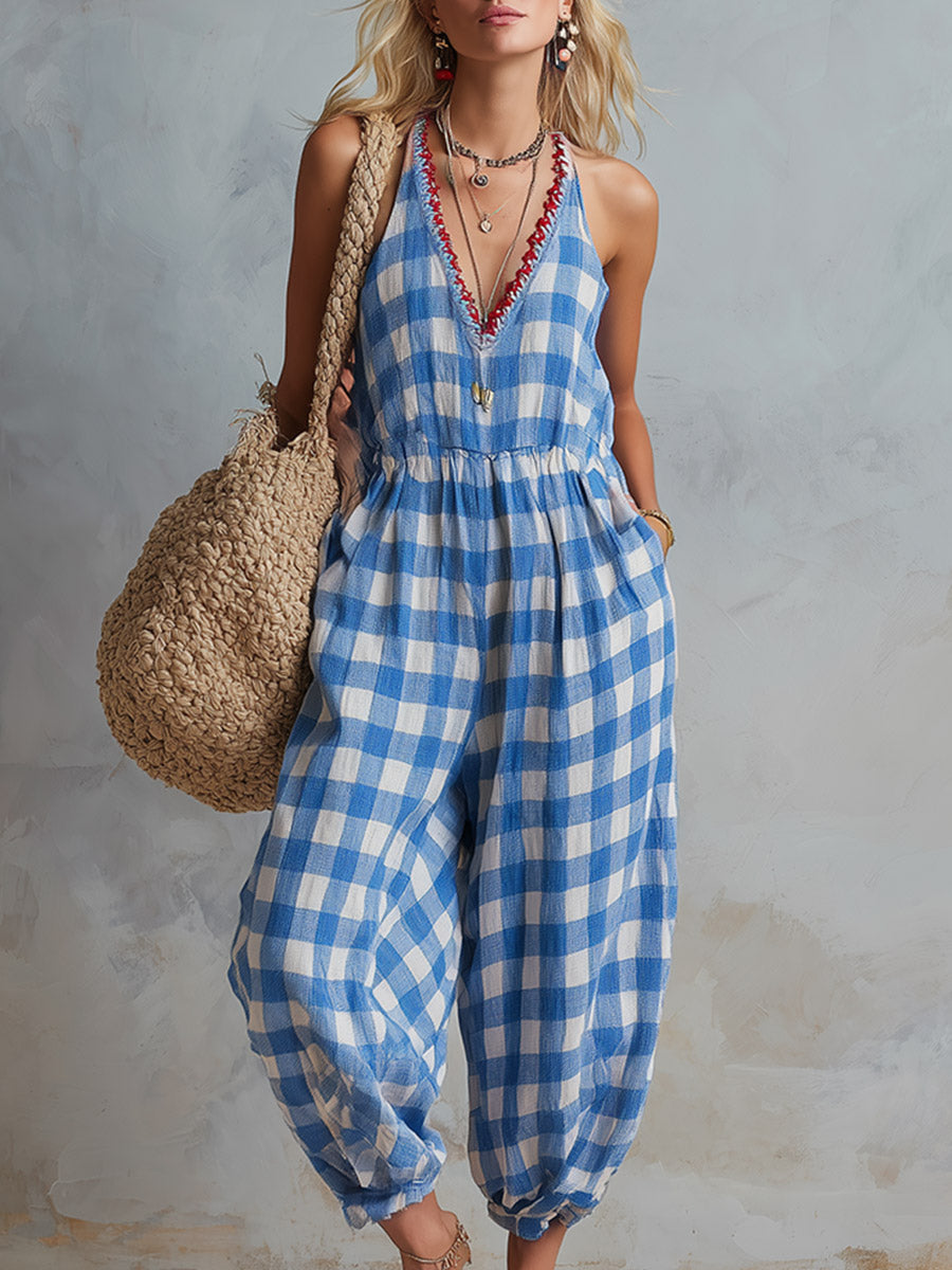 Casual-chic Blue And White Checkered Loose-fit Cotton-linen Jumpsuit