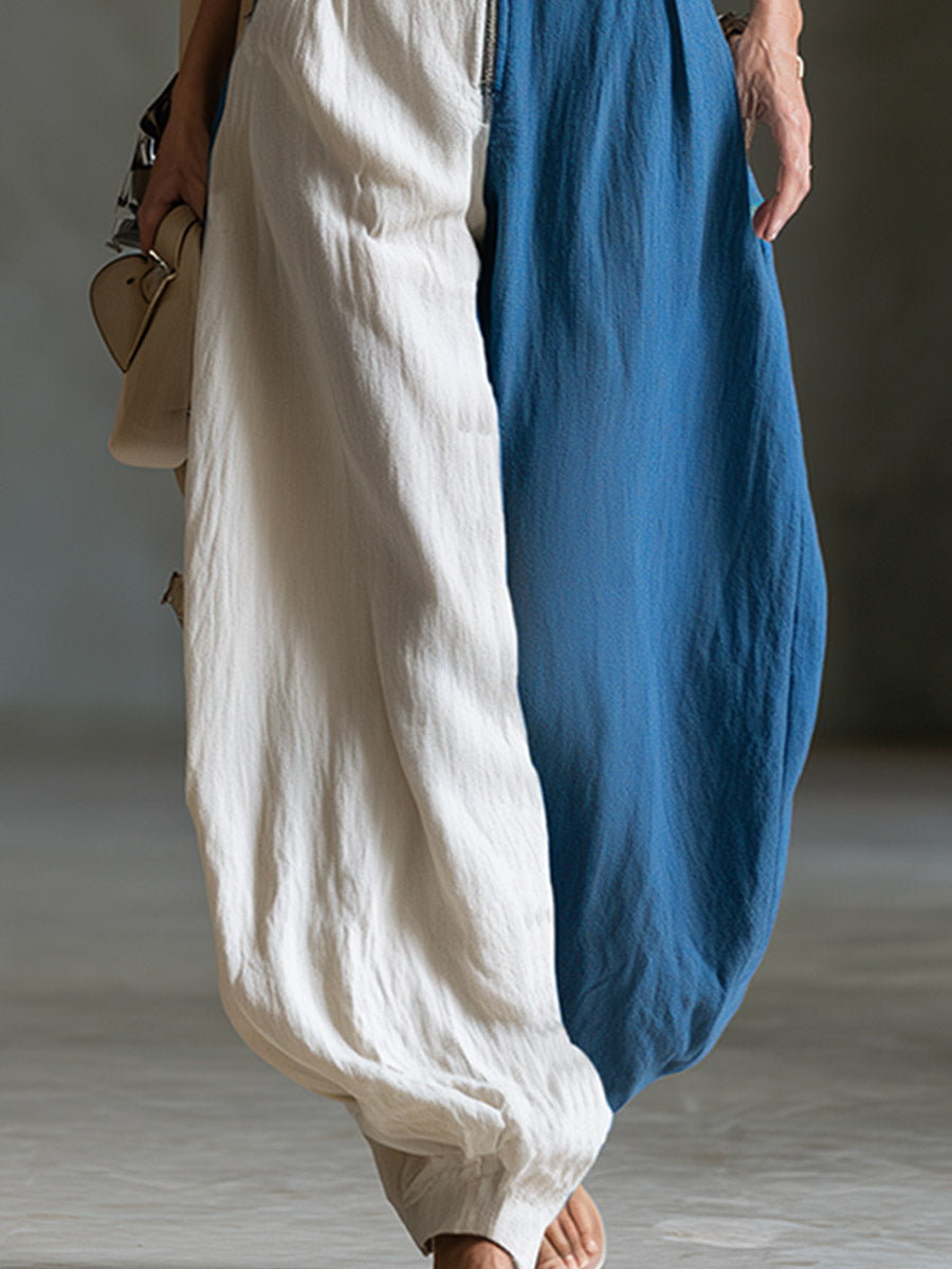 Elegant And Distinctive Blue-white Color-block Cotton Jumpsuit