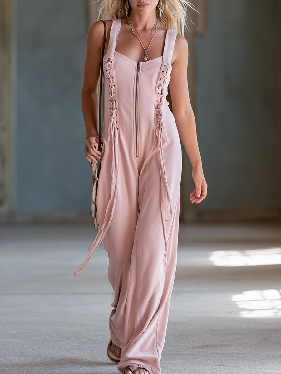 Casual Everyday Sporty Lace-Up Pink Square-Neck Cotton Jumpsuit