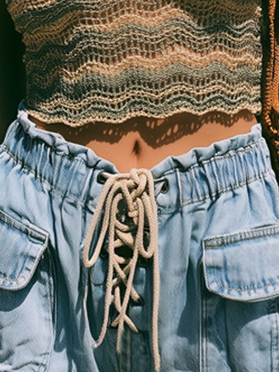 Vacation Retro Knitted Mesh Striped Top