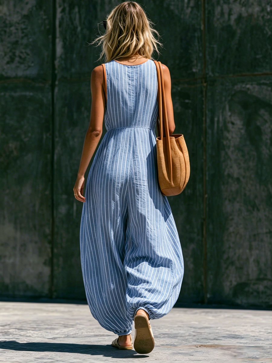 Casual Retro V-neck Tie-up Blue And White Striped Cotton Linen Balloon Jumpsuit