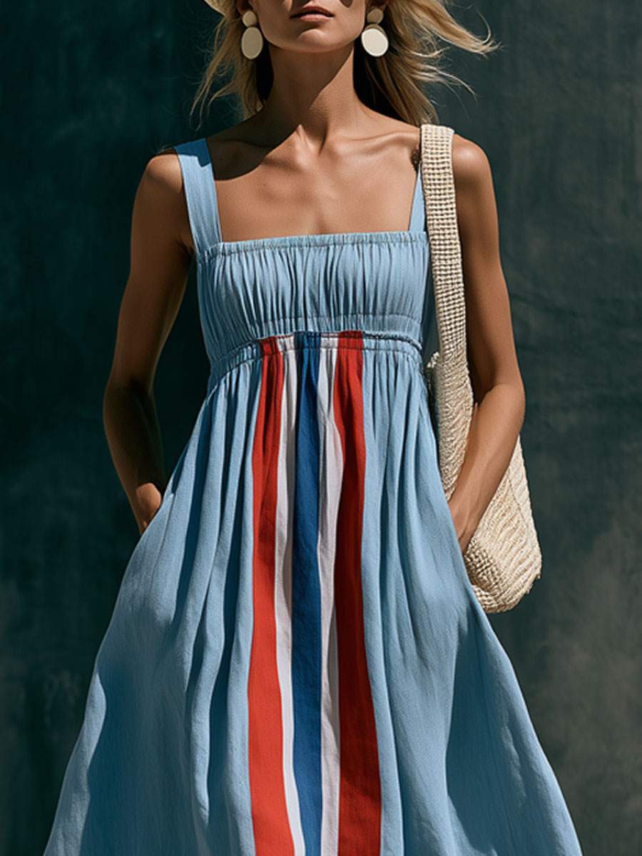 Vacation Retro Color Block Striped Blue Cotton Linen Sleeveless Maxi Dress