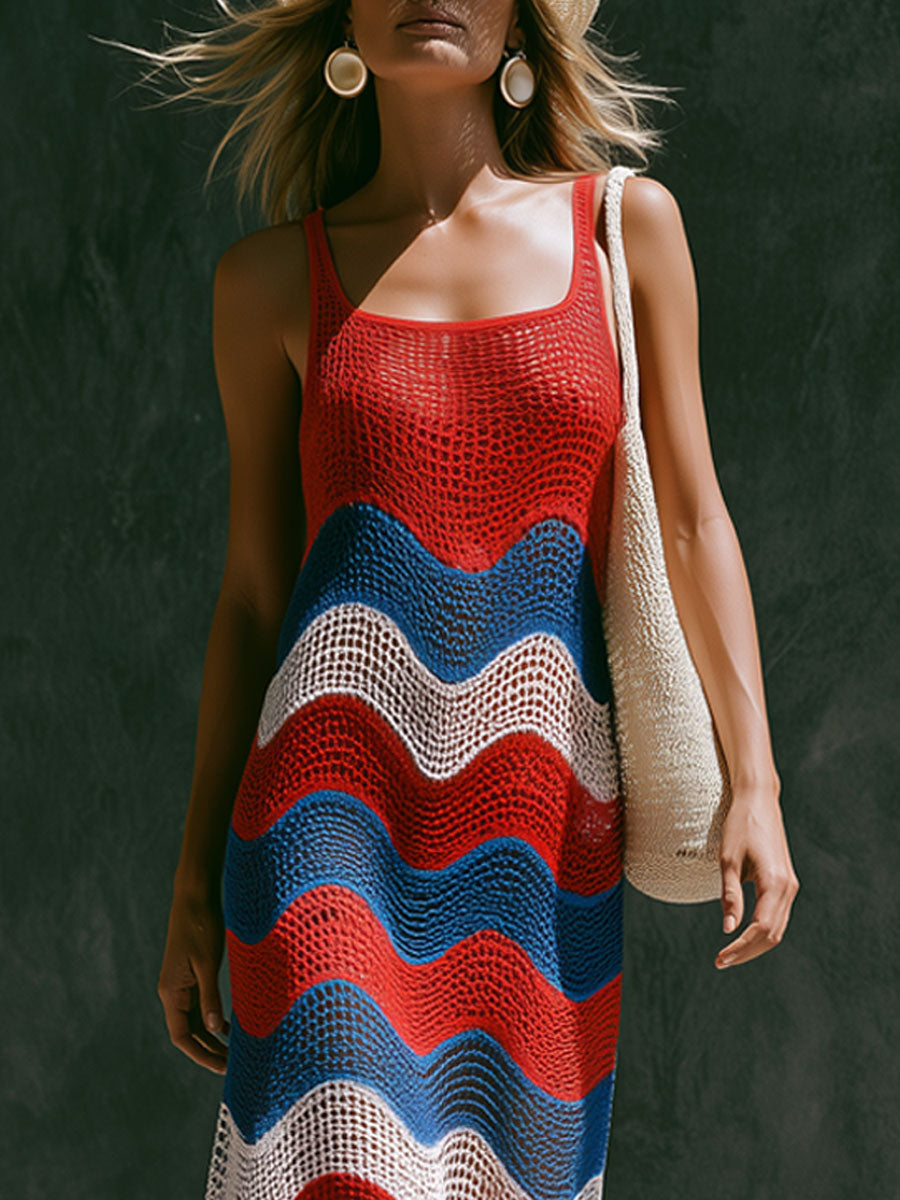 Fashionable Vacation-style Wavy Striped Mesh Knit Sleeveless Maxi Dress
