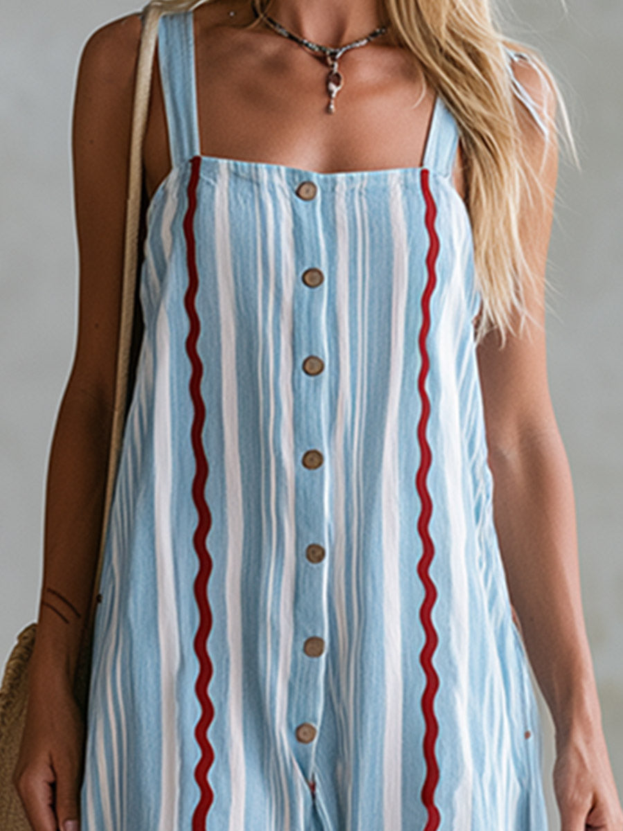 Casual-Chic Scalloped-Edge Blue Striped Cotton-Linen Square-Neck Jumpsuit