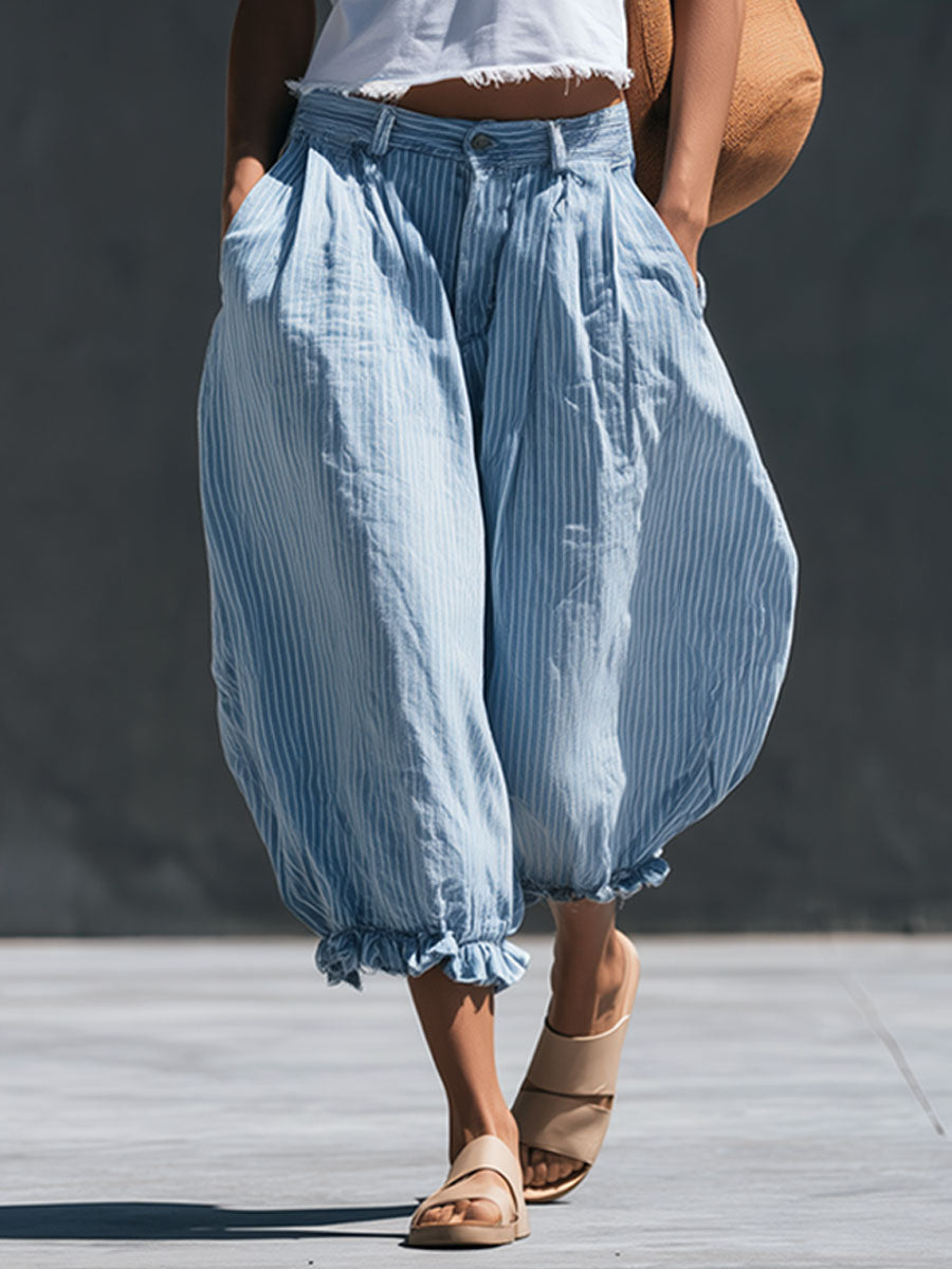 Casual Retro Frayed Top And Light Blue Striped Cotton-linen Cropped Pants Set