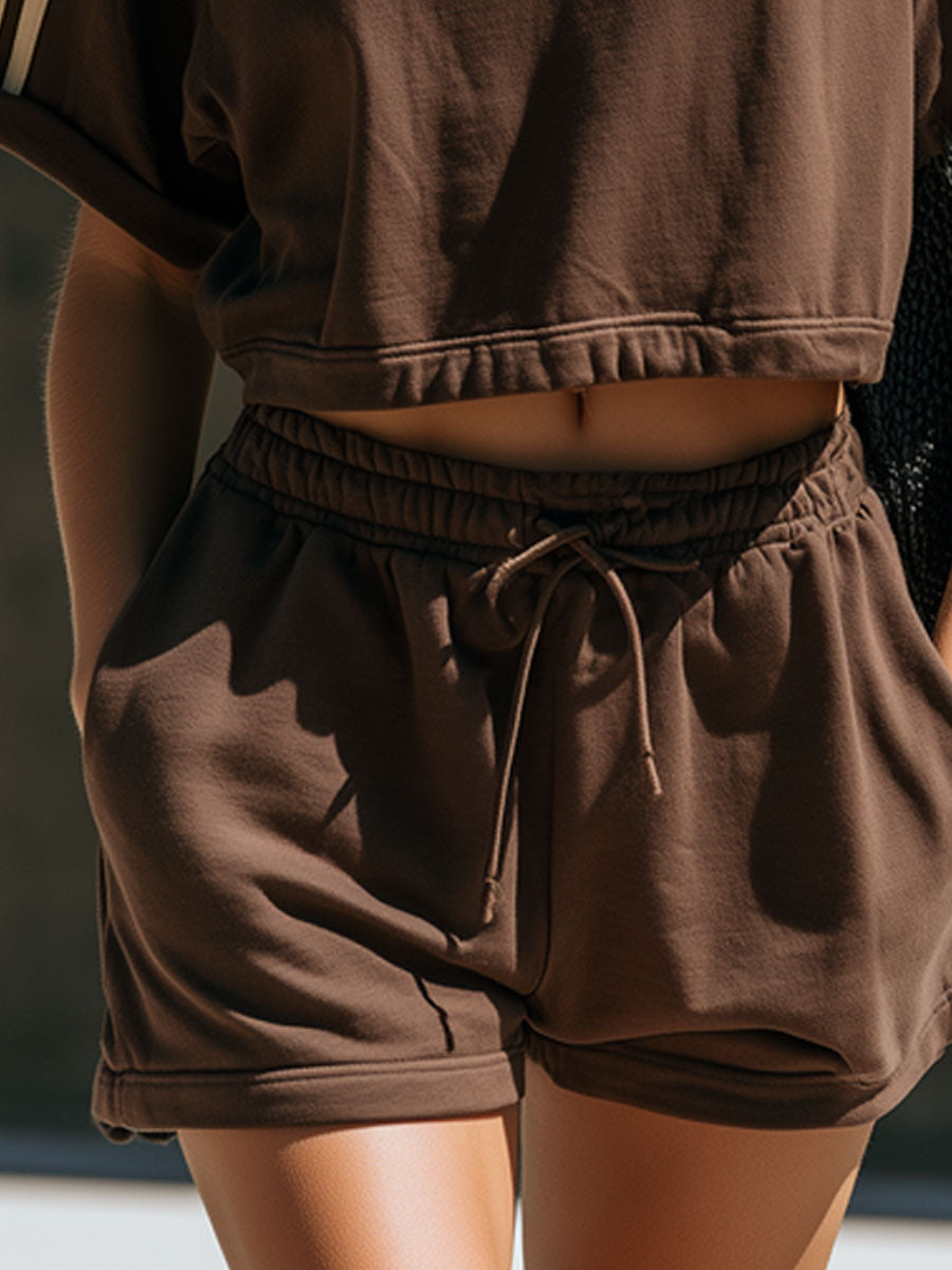 Retro Sporty Webbing Chocolate Cotton Short-Sleeve T-Shirt And Shorts Set
