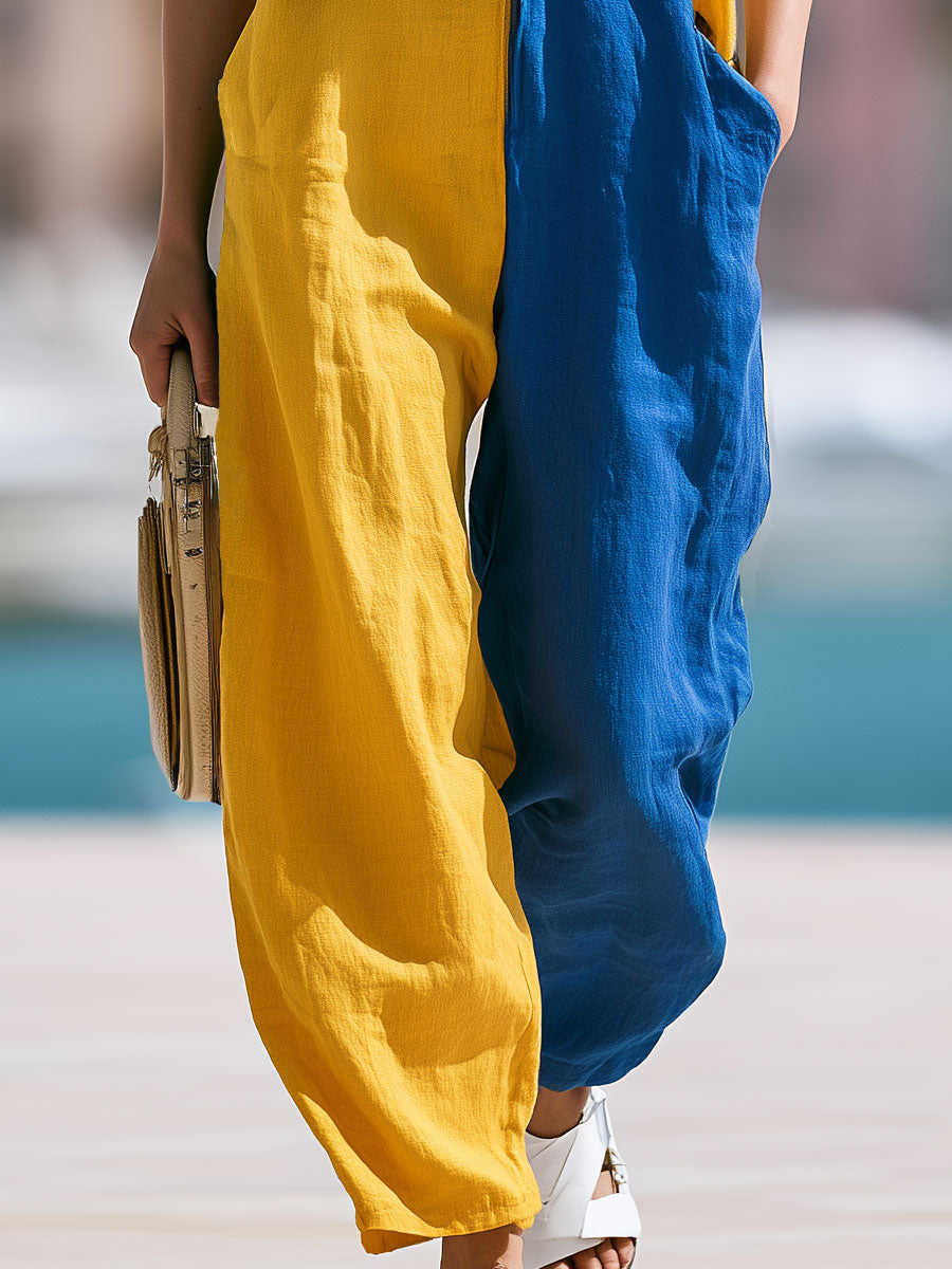 Casual Retro Yellow And Blue Color-blocked Sleeveless V-neck Cotton And Linen Jumpsuit