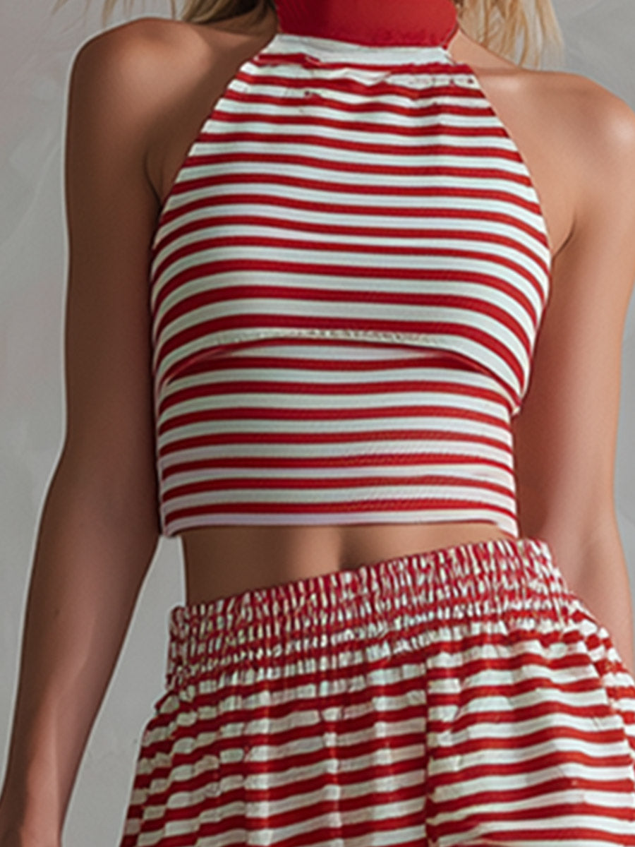 Retro Resort-Style Sporty Red Striped Cotton Sleeveless Top And Skirt Set
