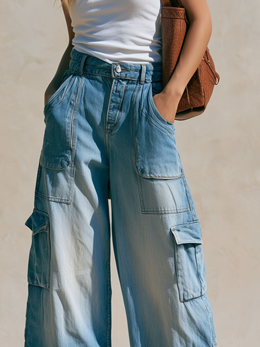 Casual Retro Light Blue Cropped Workwear Jeans