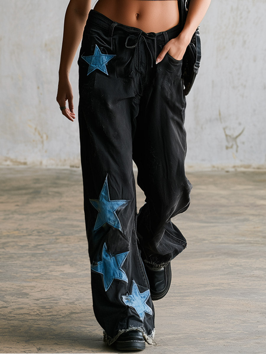 Casual Distinctive Star-patterned Sportswear Black Straight-leg Jeans