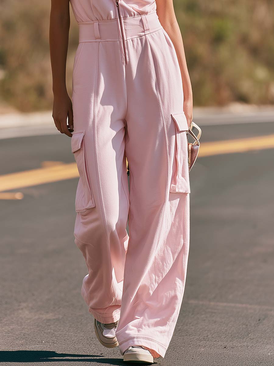 Casual Sporty Workwear Lapel Front Zipper Light Pink Cotton Jumpsuit