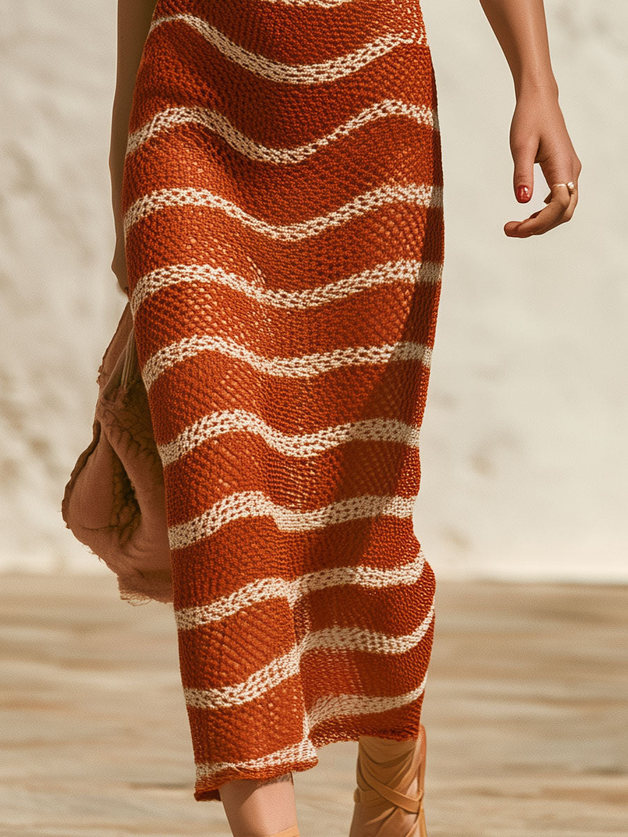 Retro White Wavy Orange Sleeveless Round Neck Knit Midi Dress