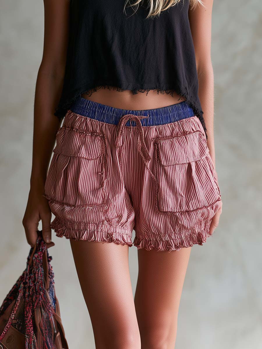 Casual Retro Ruffled Red And White Striped Low-rise Shorts
