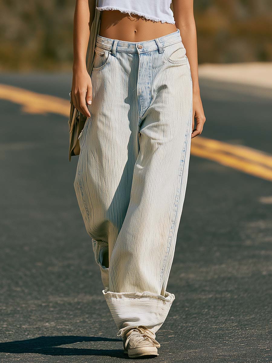 Casual Fashion Light-wash Striped Denim Pants