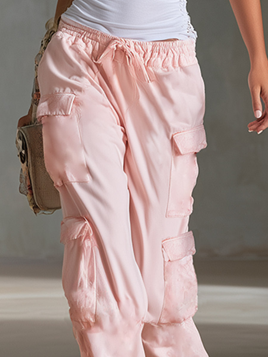 Chic Urban Sporty White T-Shirt & Pink Multi-Pocket Pants Set