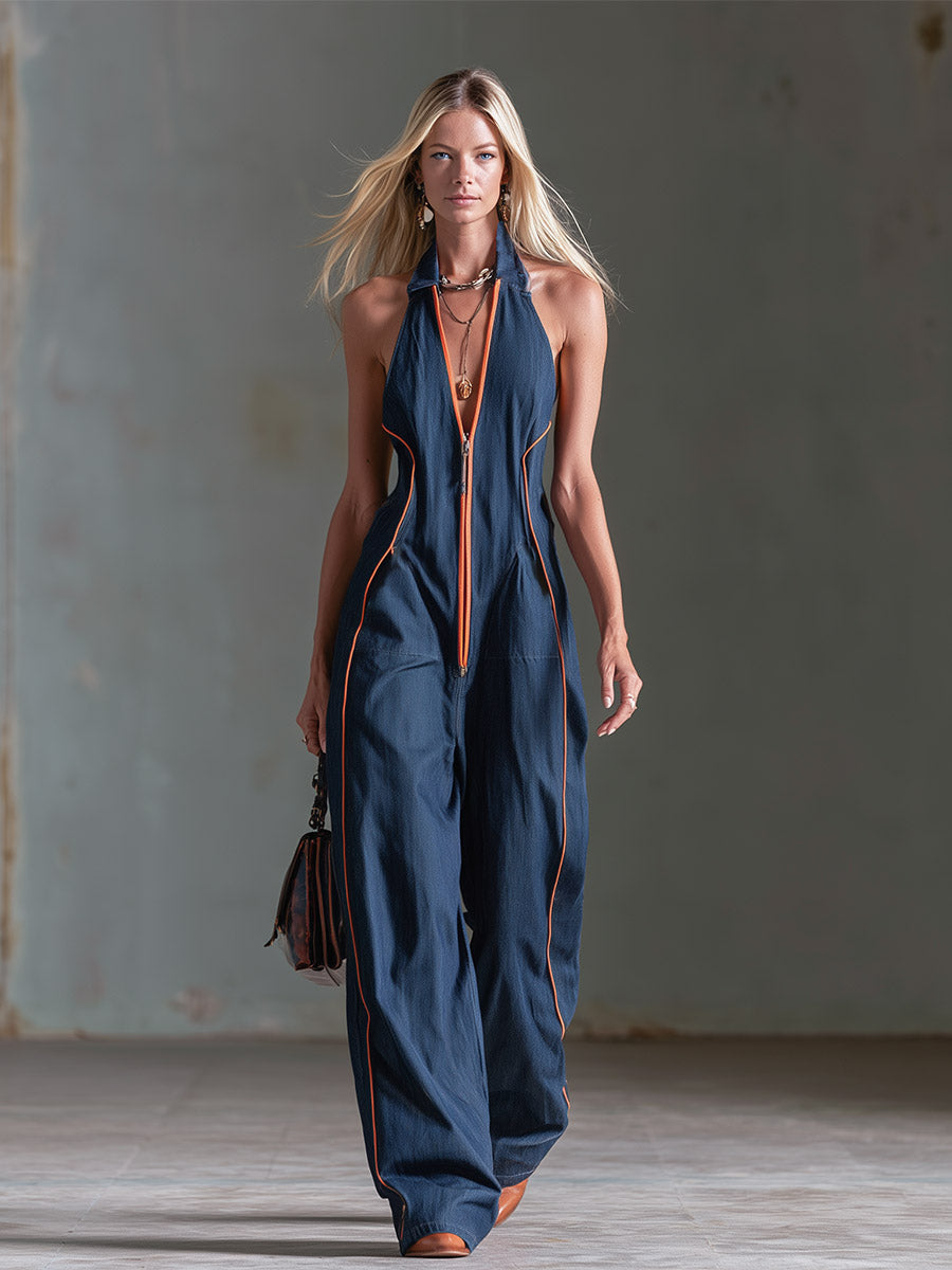 Retro Casual Workwear Style Contrast-color Trim Dark Blue Denim Jumpsuit