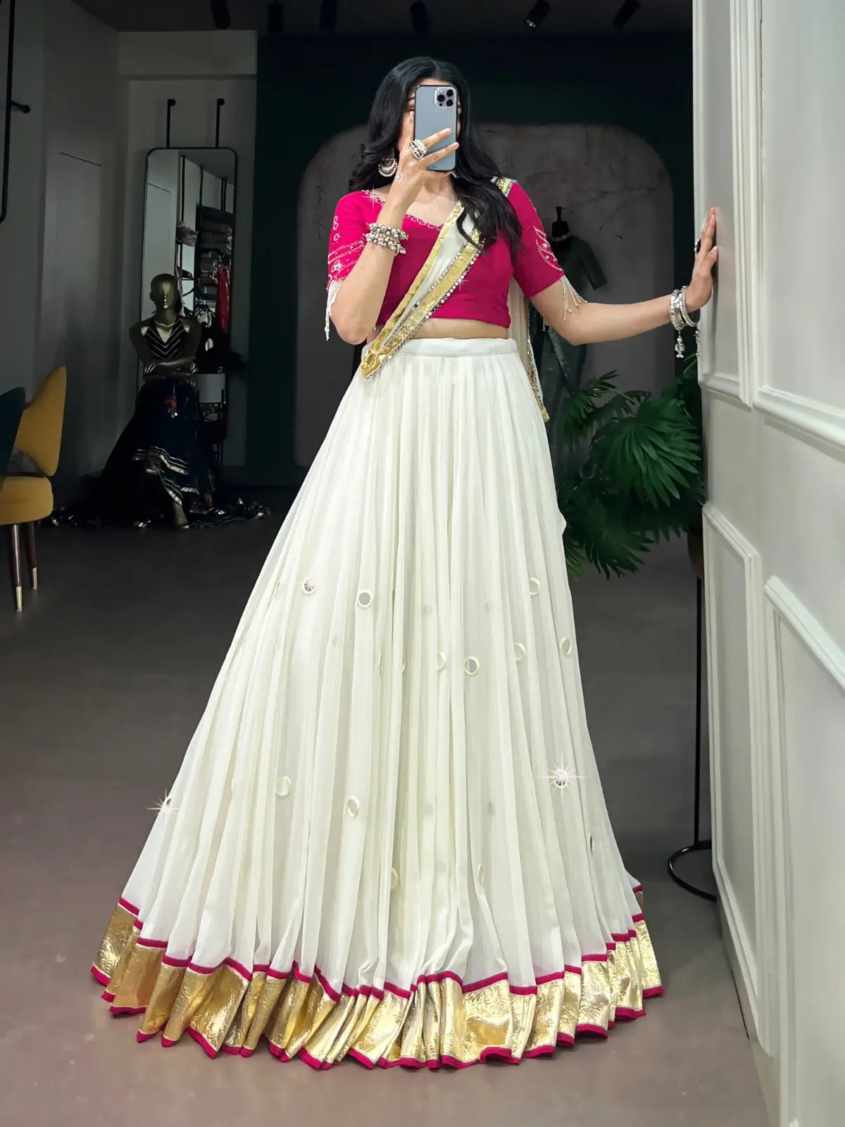8 Meter Flair | White Mirror Work Navratri Lehenga Choli With Pearl Detailing