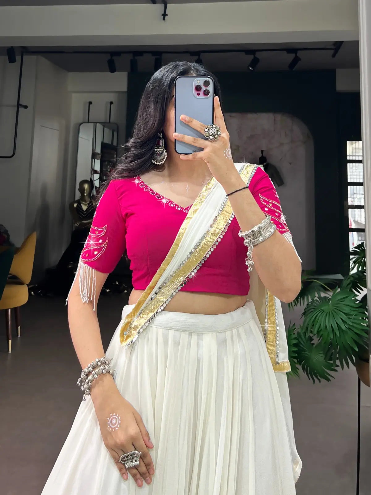 8 Meter Flair | White Mirror Work Navratri Lehenga Choli With Pearl Detailing