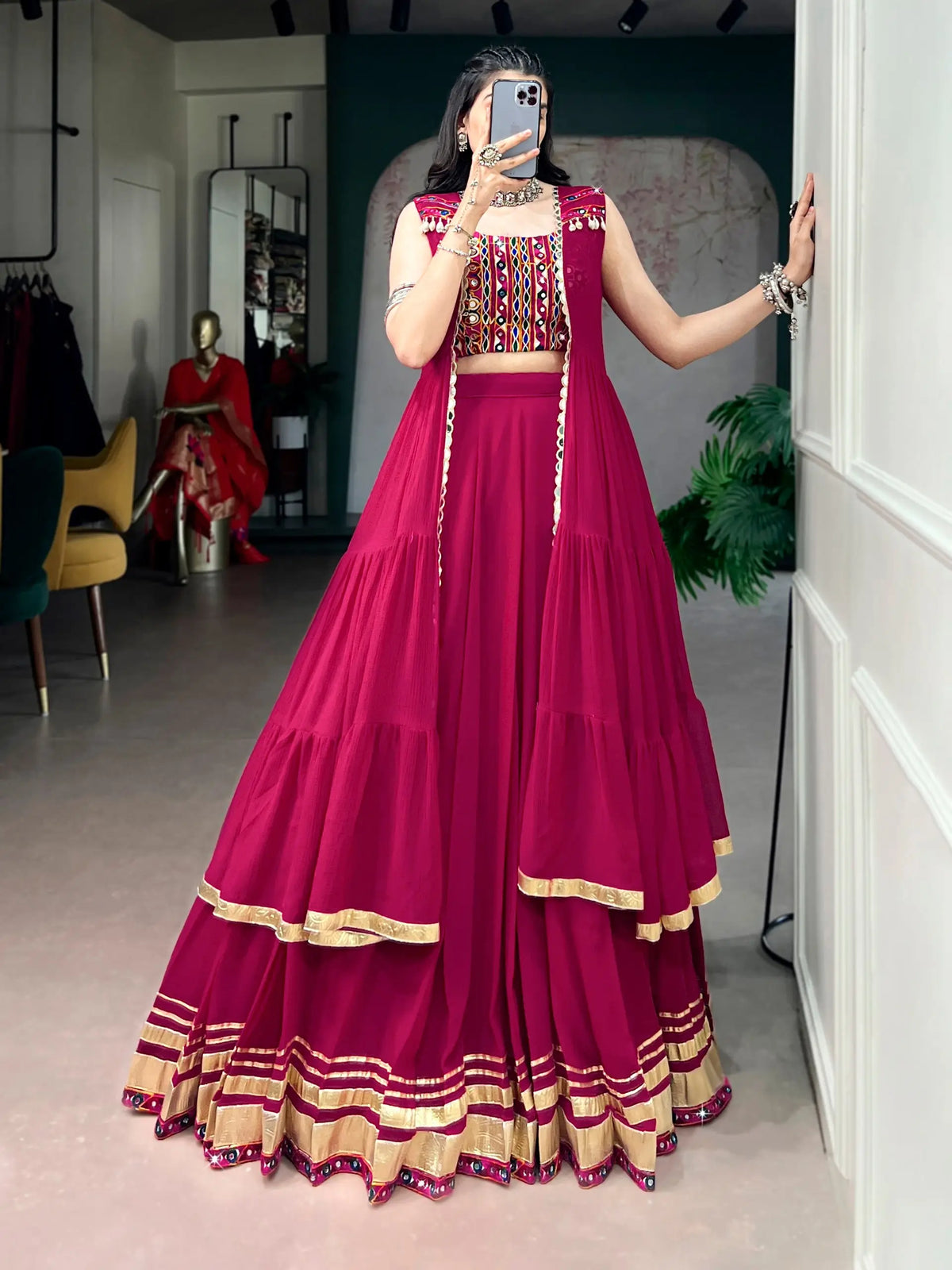 7 Meter Flair | Rani Pink Chaniya Choli With Gamthi & Mirror Work