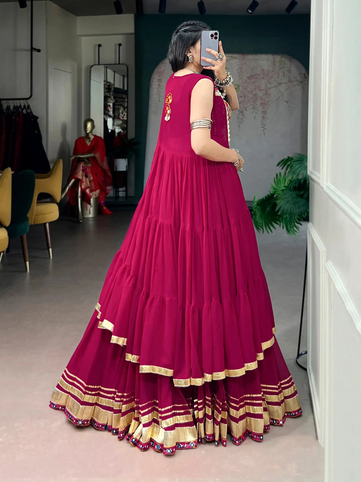 7 Meter Flair | Rani Pink Chaniya Choli With Gamthi & Mirror Work