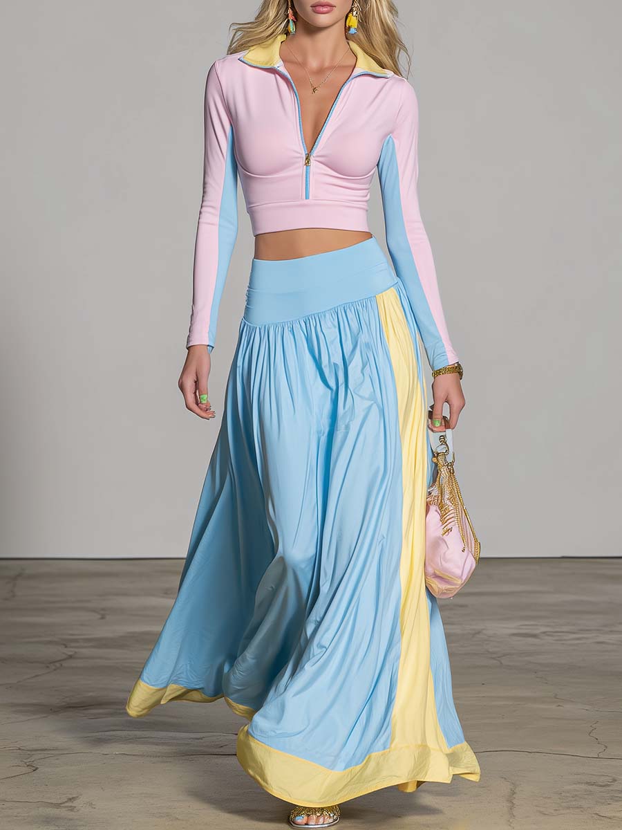 Oyrosy Clothing Capri pastel maxi skirt and sport set featuring a dreamy coastal energy, perfect for women's casual wear.