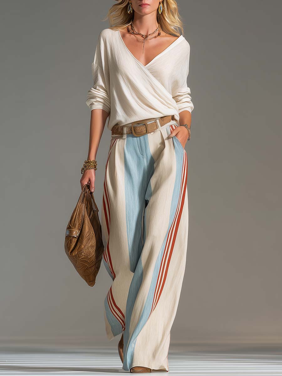 Retro Casual Ivory Surplice V-Neck Top And Blue Red Striped Wide-Leg Cotton-Linen Pants Set  - By Qivii