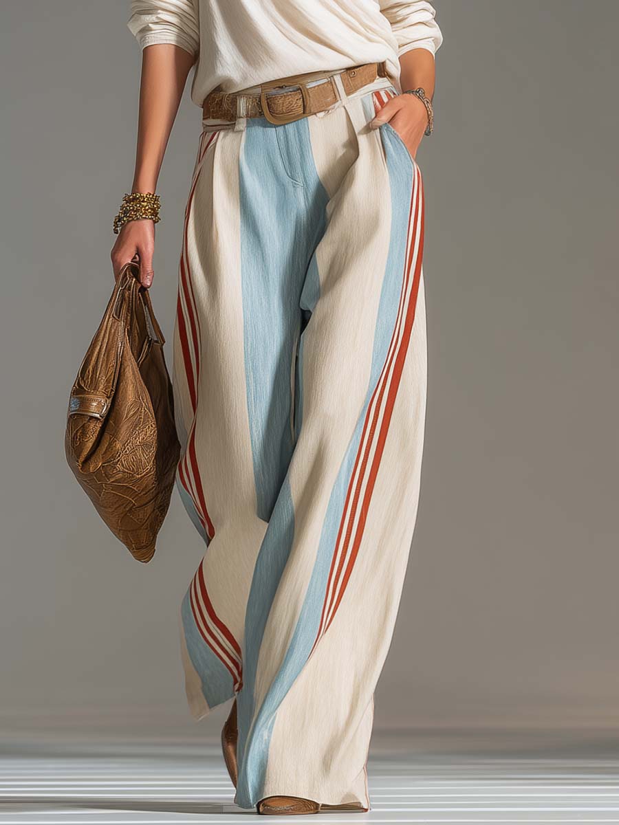 Retro Casual Ivory Surplice V-Neck Top And Blue Red Striped Wide-Leg Cotton-Linen Pants Set  - By Qivii