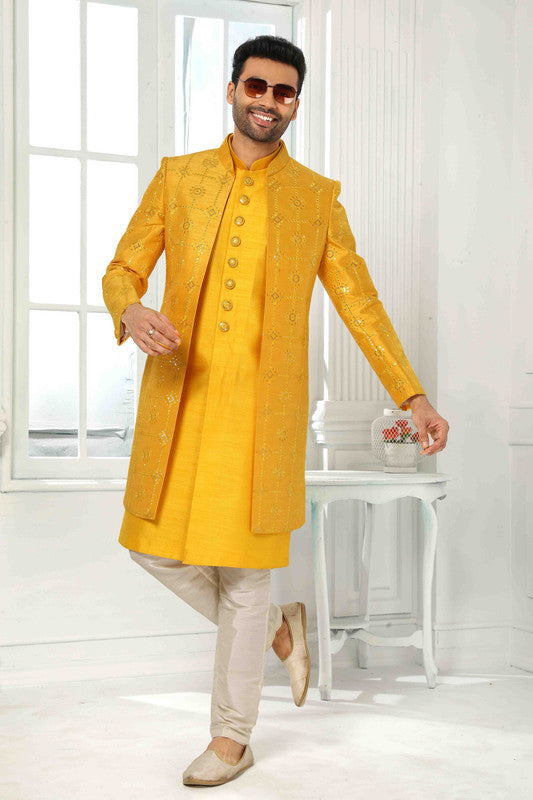 Men's Art Silk Embroidery Work 3 Pcs Indo Jacket Set In Yellow Colour