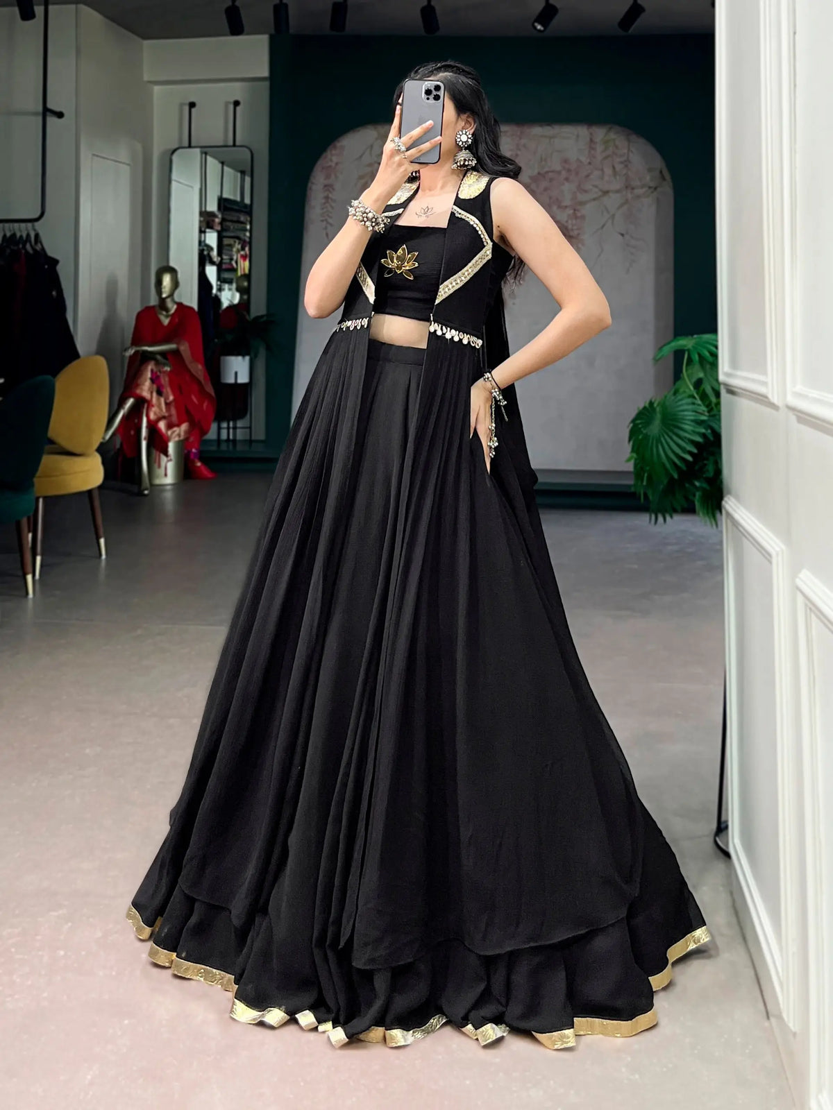 6 Meter Flair | Black Marbal Navratri Chaniya Choli With Lotus Hand Work & Koti