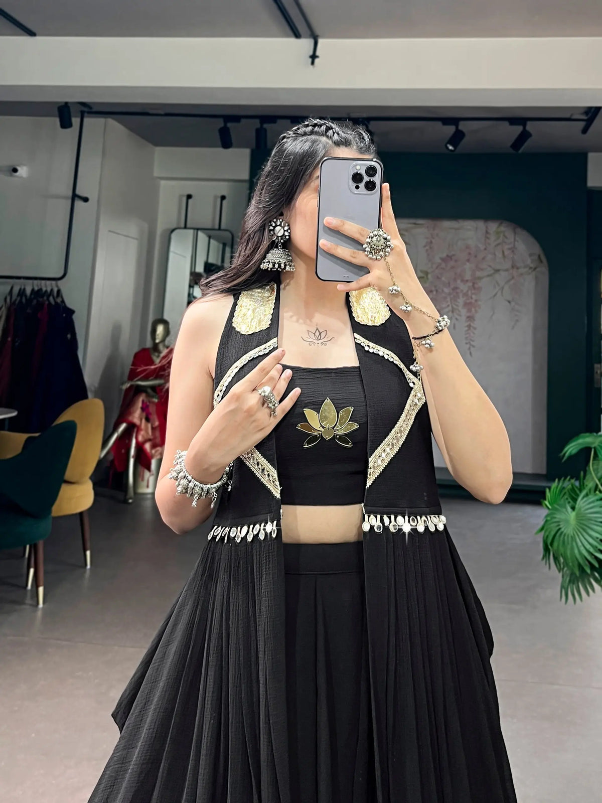 6 Meter Flair | Black Marbal Navratri Chaniya Choli With Lotus Hand Work & Koti